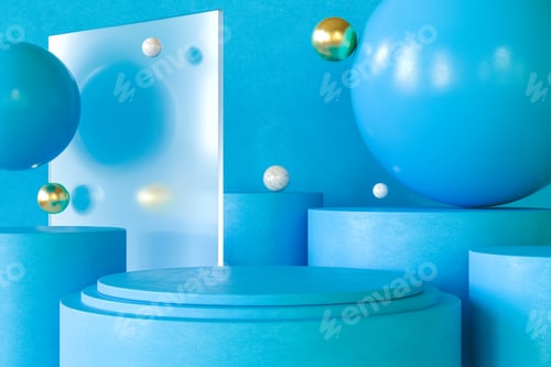 Preview: Empty cylinder podium with abstract minimalist geometric background. Presentation concept