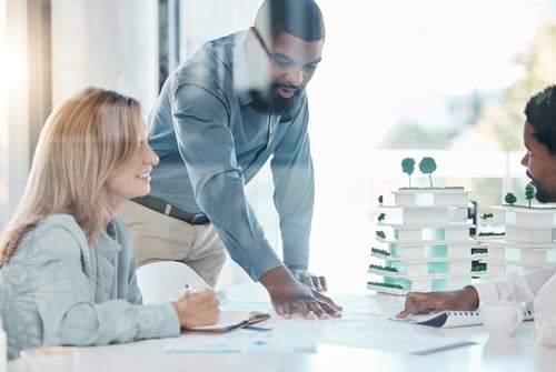 Preview: Architect, building engineer and meeting with 3d model design in real estate business, construction