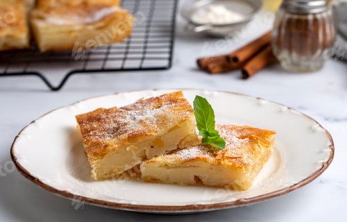 Preview: Greek pie called Bougatsa with cheese slightly blurred cross section and selective focus