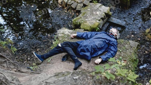Preview: Corpse of young man in forest. Stock. Young man died as result of fall from cliff in forest. Stone
