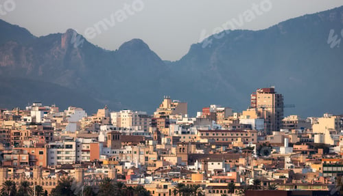 Preview: Residential Homes and Buildings in a city, mountains in background. Palma, Balearic Islands, Spain.