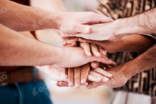 Preview: Hands, team building and employee teamwork with business community support, diversity collaboration