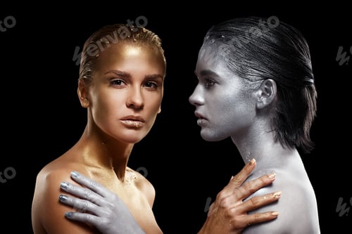 Preview: Beauty Portrait Of Young Gorgeous Women. Golden And Silver Girls On Black Background.