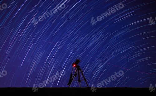 Vista previa: Telescope with a blurred starry night sky view in a planetarium