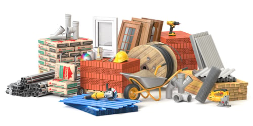 Preview: Construction materials and tools isolated on white background.