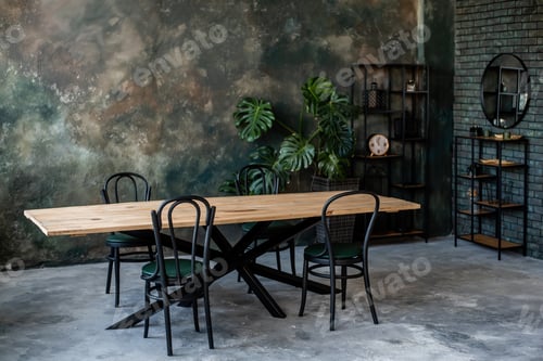 Preview: The dark loft has wooden table black chairs, stylish clock rack. Grunge wall in green-gray color.
