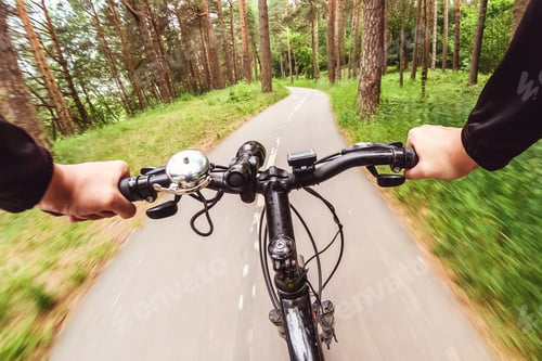 Preview: Mountain biking down hill descending fast. View from bikers eyes. Motion blurred