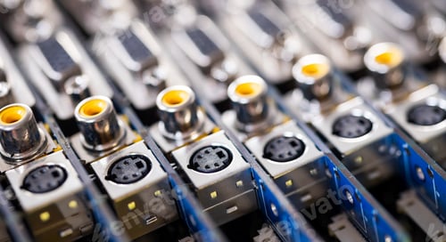 Preview: Close-up blurry metal sockets on a computer video board