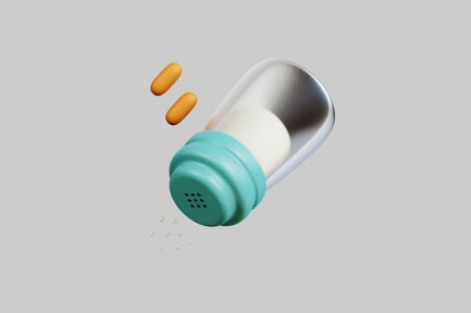 Preview: White pill bottle with turquoise cap and spilled pills