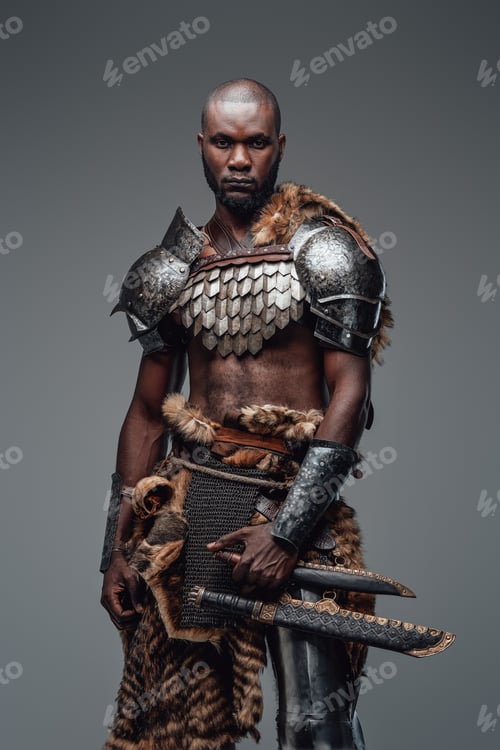 Preview: African fighter in viking style dressed in antique protective clothing