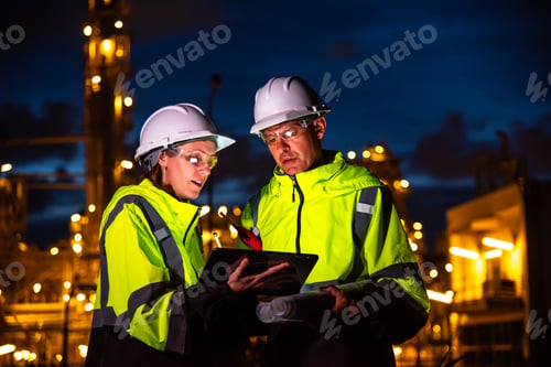 Preview: Team engineers in uniforms and helmets examine project with tablet oil refinery background at night