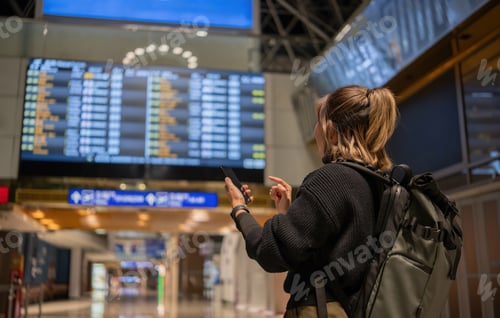 Preview: Young Asian woman in international airport looking at flight information board, checking her flight