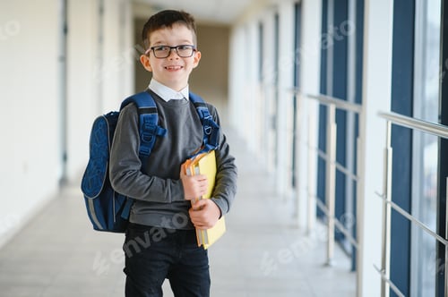 Preview: Schoolboy with schoolbag and books in the school. Education concept. Back to school.