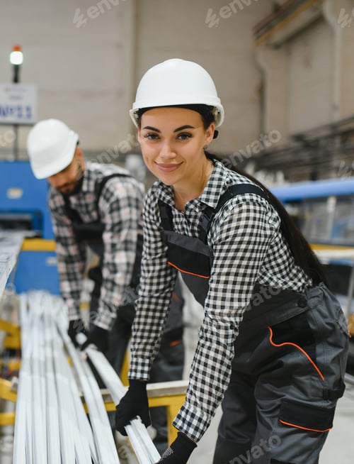Preview: Smiling female factory worker holding pvc profiles in a manufacturing plant