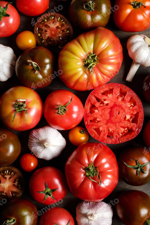 Preview: Fresh heirloom variety tomatoes on dark wooden background. Autumn and harvest.