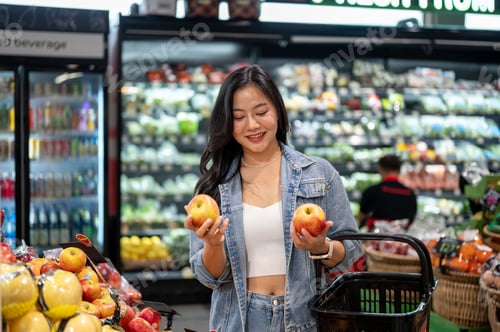 Preview: Asian woman standing holding a shopping basket looking or buying apples at fruit zone in supermarket