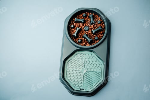 Preview: Pet slow feeder bowl with kibble and bone shapes on a plain background.