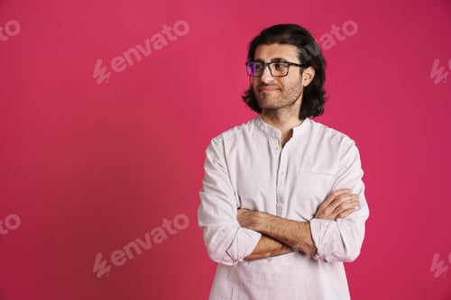 Preview: White brunette man in eyeglasses smiling and looking aside