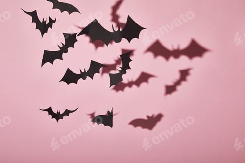 Preview: black paper bats with shadow on pink background, Halloween decoration