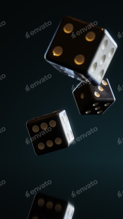 Preview: A bunch of thrown dices in warm light against dark background