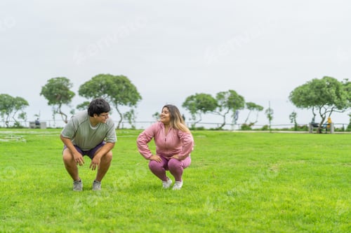 Preview: Fat people in sports clothes crouching on a park