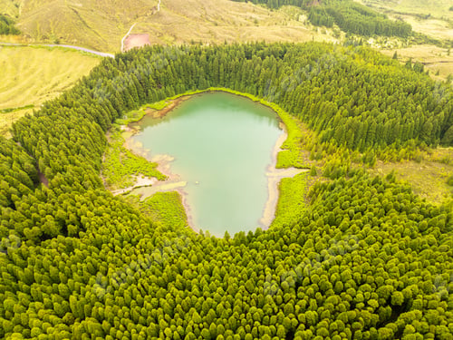 Preview: Hills, Forest and Lake Lagoa do Canario. Azores, Sao Miguel Island, Portugal. Aerial View