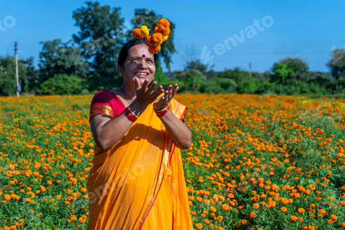 Preview: Indian woman in marigold field and enjoying nature.