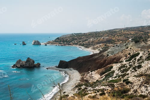 Preview: The mountains and the sea from a height. Seascape. Beautiful coast of Cyprus