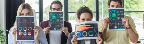 Preview: Interracial business people holding documents with charts near faces, banner