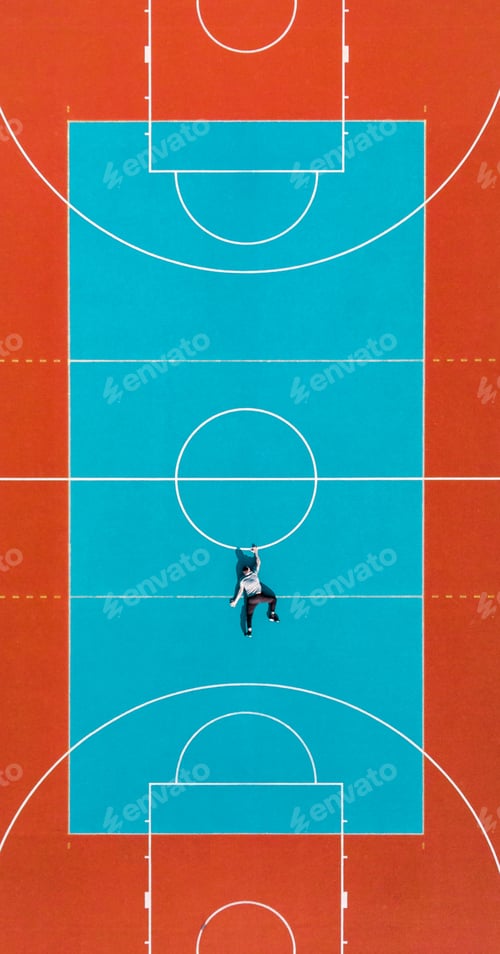 Preview: Man Hanging Down From Basketball Court Line, Creative Minimal Ar