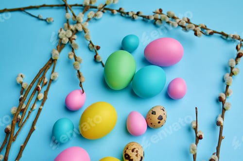 Preview: Colorful easter eggs and willow on blue background