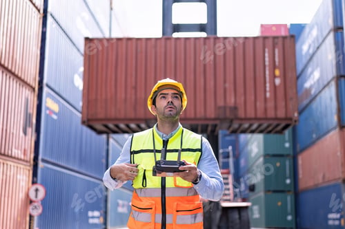 Preview: Engineer working in container storage yard fly drone looking location layout prepare to delivery