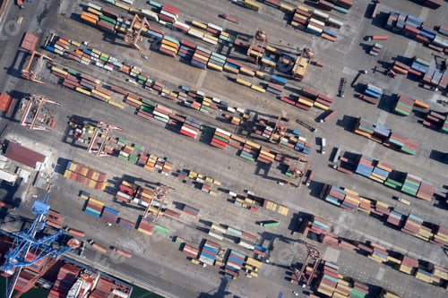 Preview: Aerial view of containers at sea port.