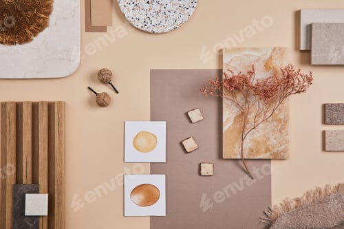 Preview: Flat lay of stylish architect moodboard composition