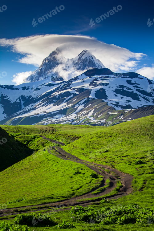 Preview: Summer landscape with Ushba mountain snowy peak