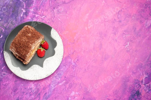 Preview: top view delicious sweet rolls with strawberries on pink desk sweet cake pie biscuit