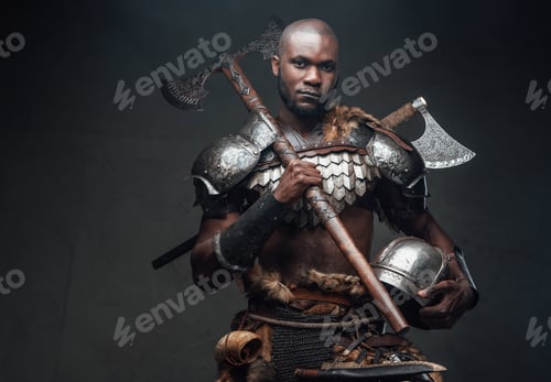 Preview: Dangerous equipped antique warrior with helmet and axe