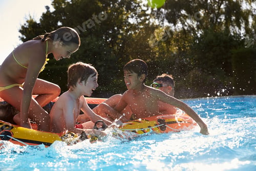 Preview: Children Having Fun On Inflatable In Outdoor Swimming Pool