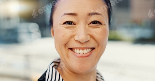 Preview: Mature, Asian woman in city and face with travel or commute to work and professional in Tokyo. Corp