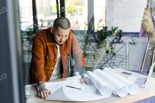 Preview: asian architect looking at construction plan while standing at workplace on blurred foreground