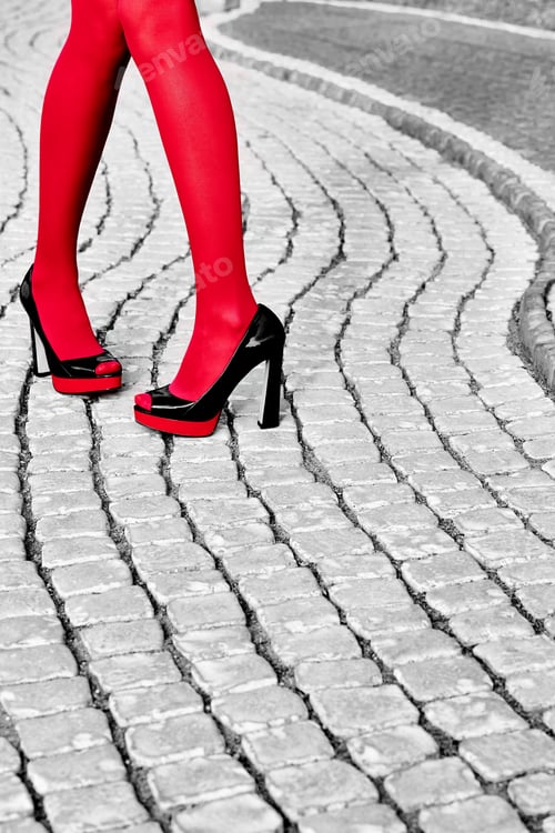 Preview: Fashion urban womens legs, heels. Black white, red