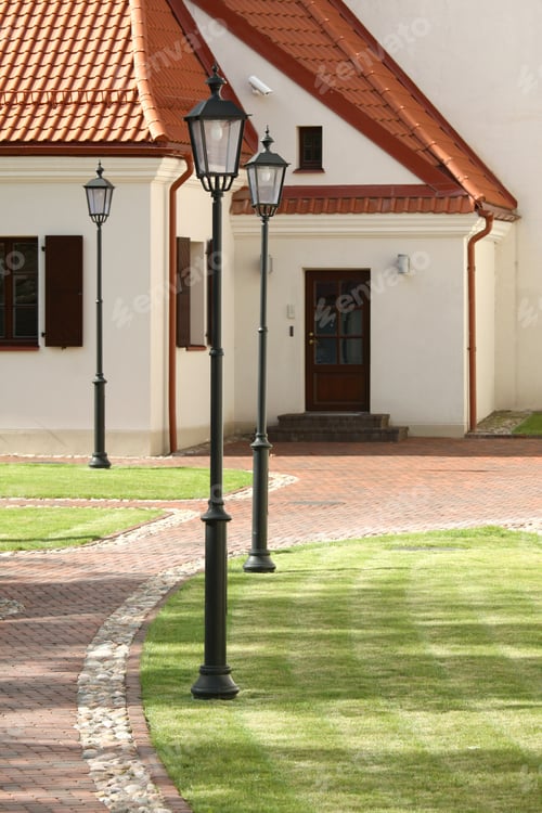 Preview: European Architecture with Traditional Lamp Posts and Path