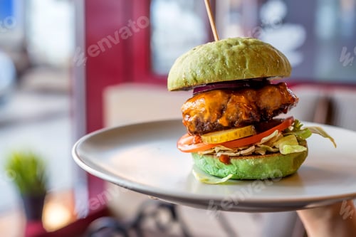 Preview: Homemade hamburger with green bun