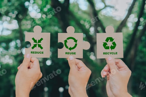Preview: Hand holding Jigsaw with reduce, reuse, recycle symbol.Ecological waste management and a sustainable