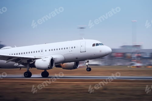 Preview: Airplane during landing on airport runway at night. Plane in blurred motion.