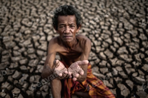 Preview: An elderly man was sitting asking for rain in the dry season, global warming, selective focus