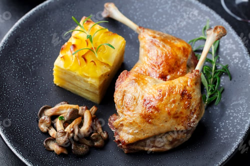 Preview: Duck Legs Confit with Potato Gratin and Mushroom Sauce . Restaurant Serving.