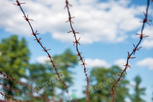 Preview: rusty barbed wire on blue sky background. Restriction of freedom concept