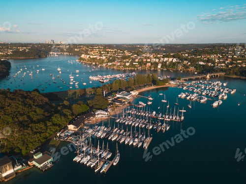 Preview: Aerial view of Middle Harbour in Sydney, Australia, taken with a drone camera