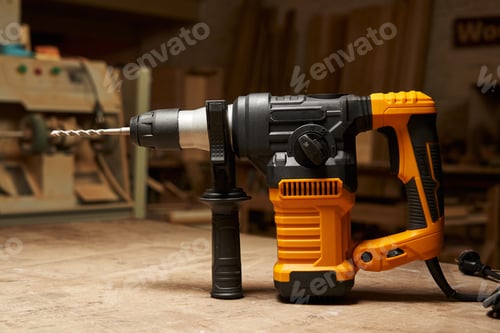 Preview: side view of a modern electric rotary hammer with vertical motor, mounted drill and additional